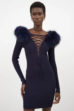 Navy Ribbed Faux Fur Dress