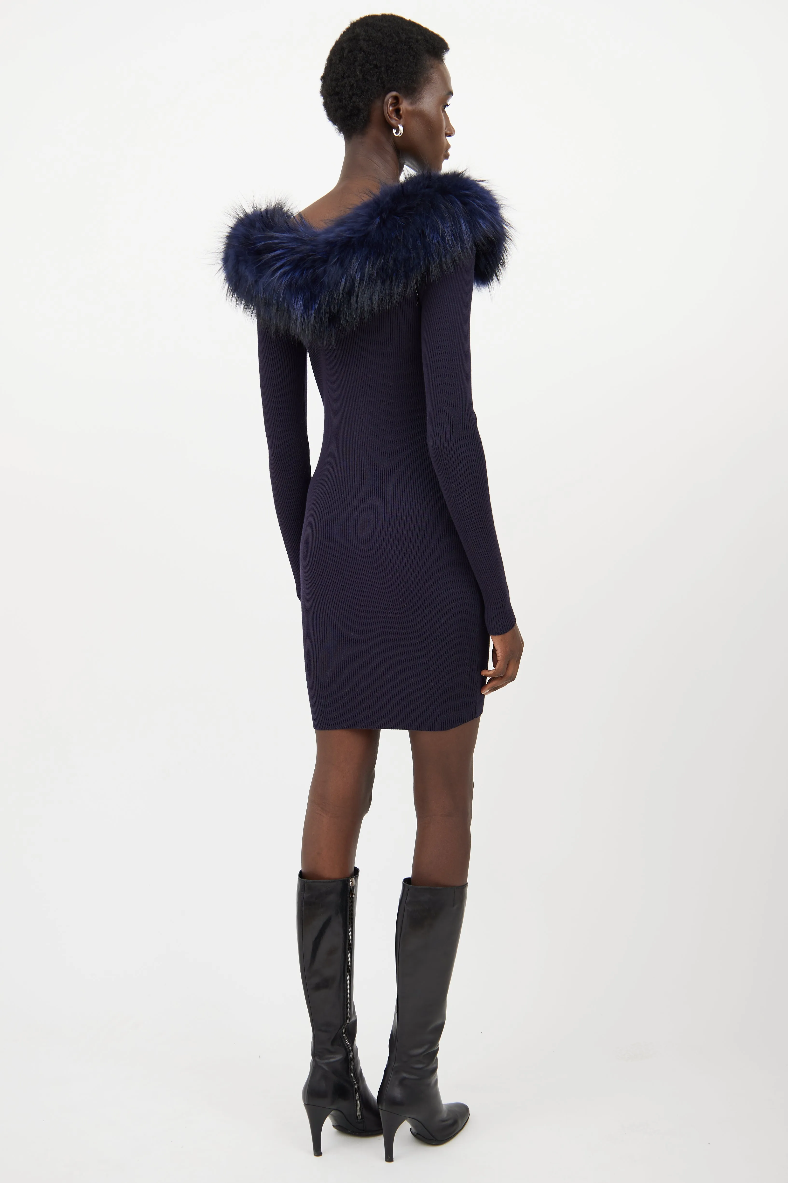 Navy Ribbed Faux Fur Dress