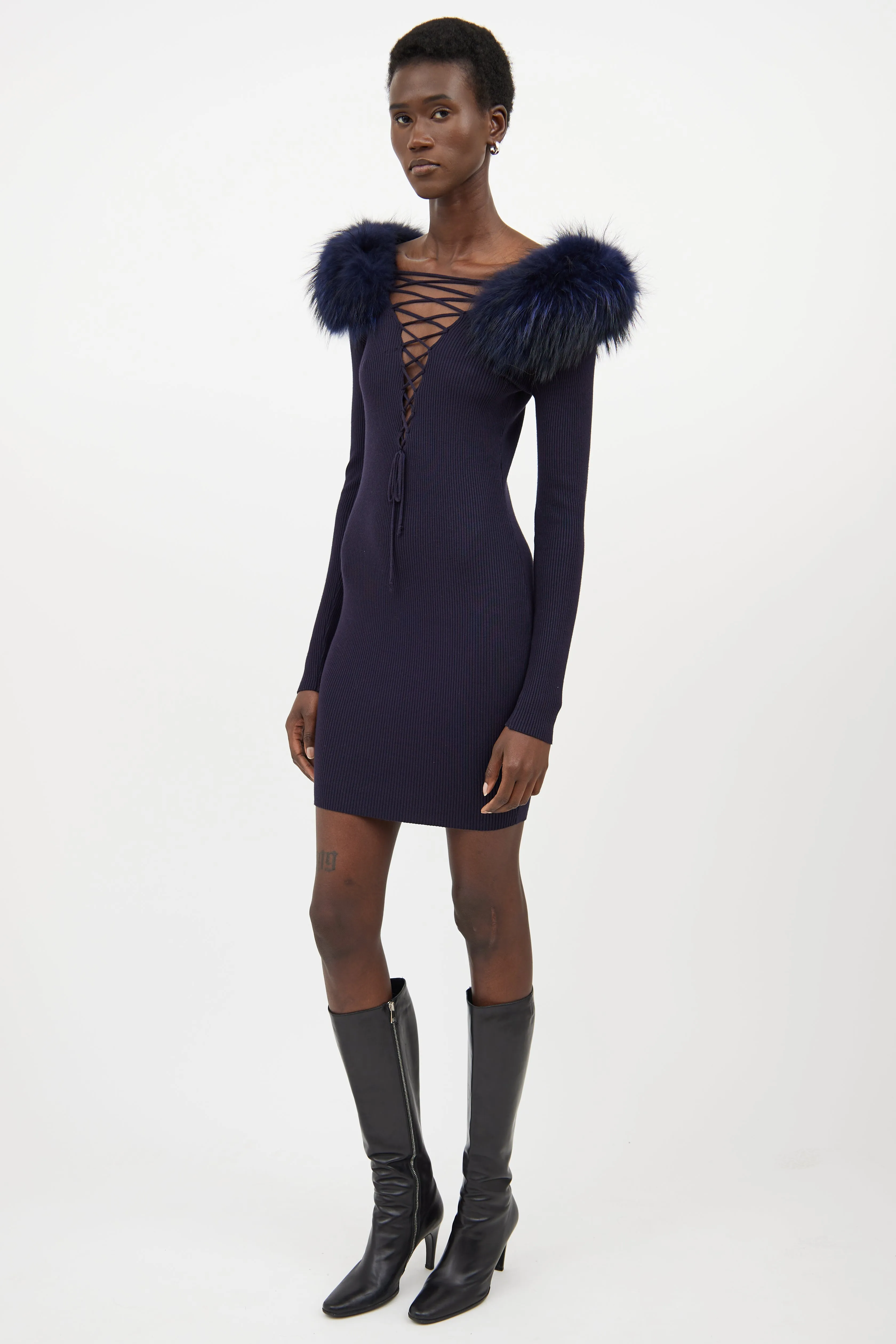 Navy Ribbed Faux Fur Dress