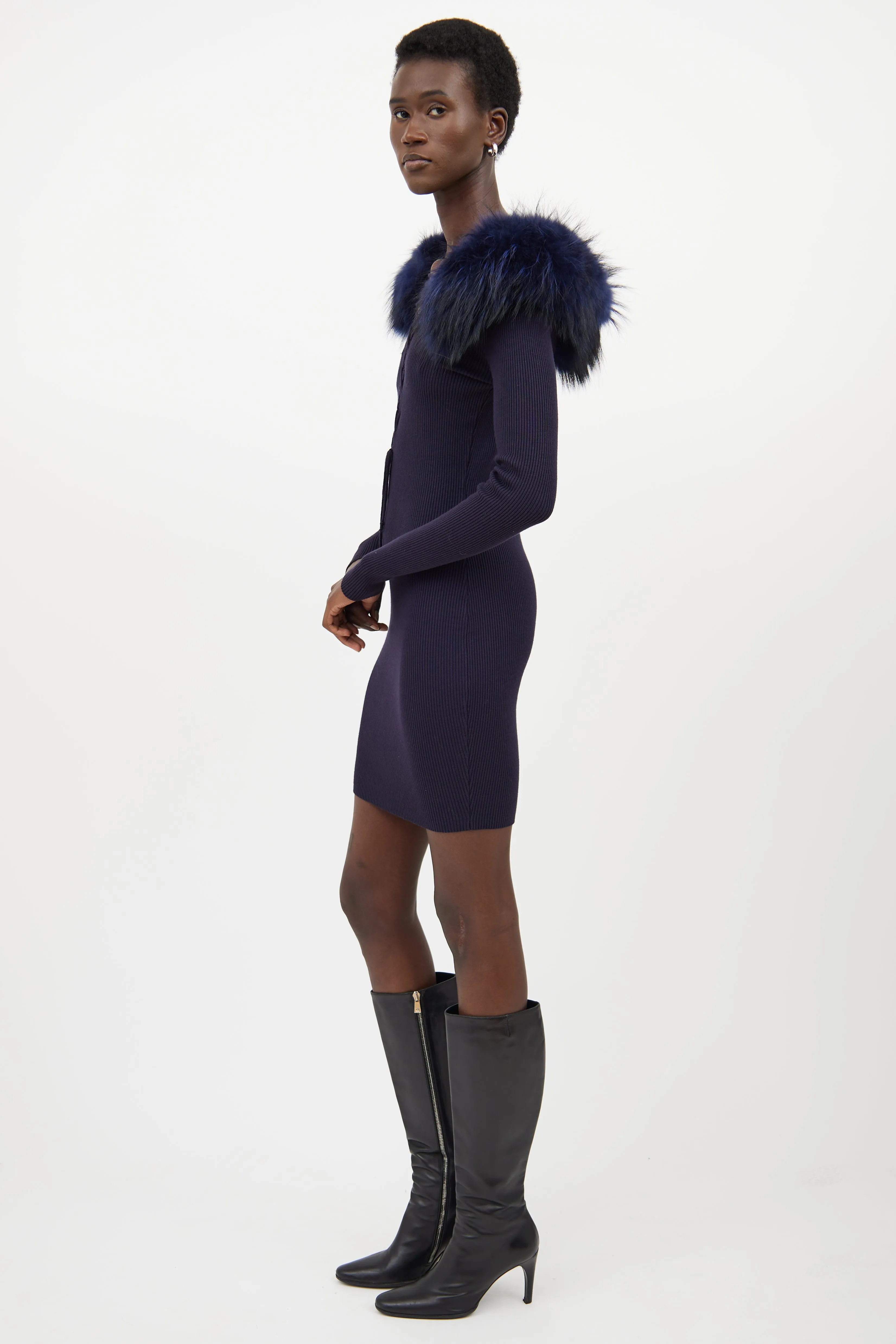 Navy Ribbed Faux Fur Dress