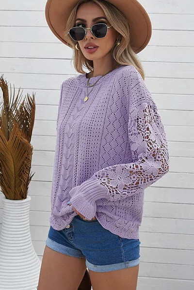 Openwork Lantern Sleeve Dropped Shoulder Sweater