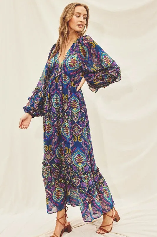 Paola Paisley Jewel Ruffle Detail Maxi Dress