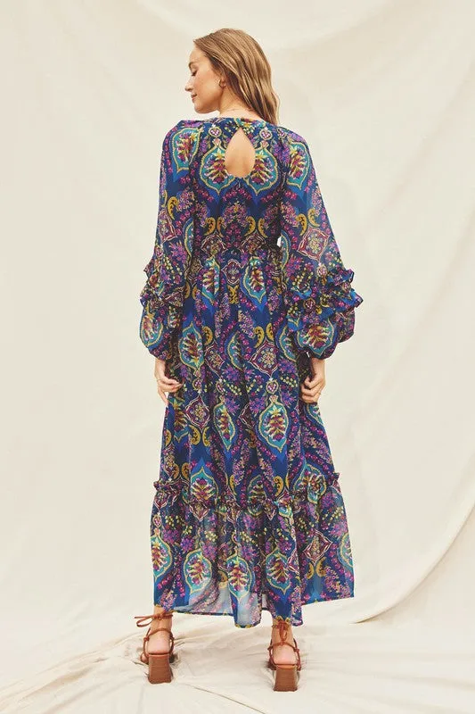 Paola Paisley Jewel Ruffle Detail Maxi Dress