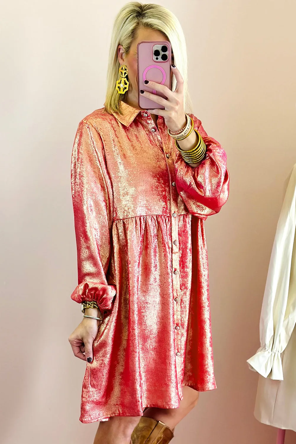 Peach Blossom Metallic Sheen Puff Sleeve Button Up Mini Shirt Dress