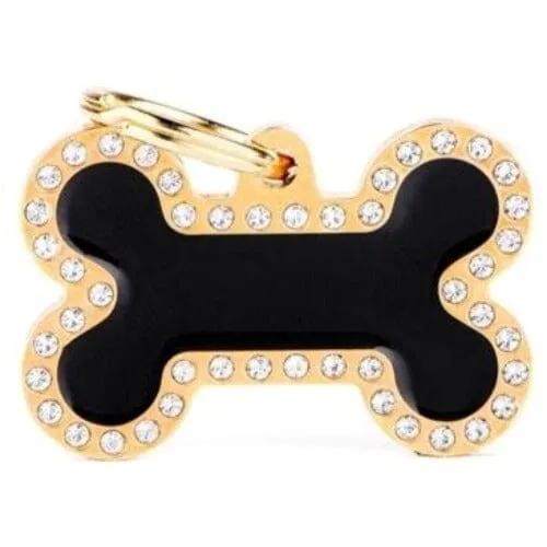 Personalized Glam Swarovski "Gold Big Black Bone" Pet Name ID Tag