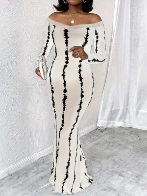 Plus Size Glamorous Maxi Dress - Fashionable Stripe Print, Flirty Off-Shoulder, Flowing Long Sleeves, Showstopping Mermaid Hem - Designed for Plus Size Women