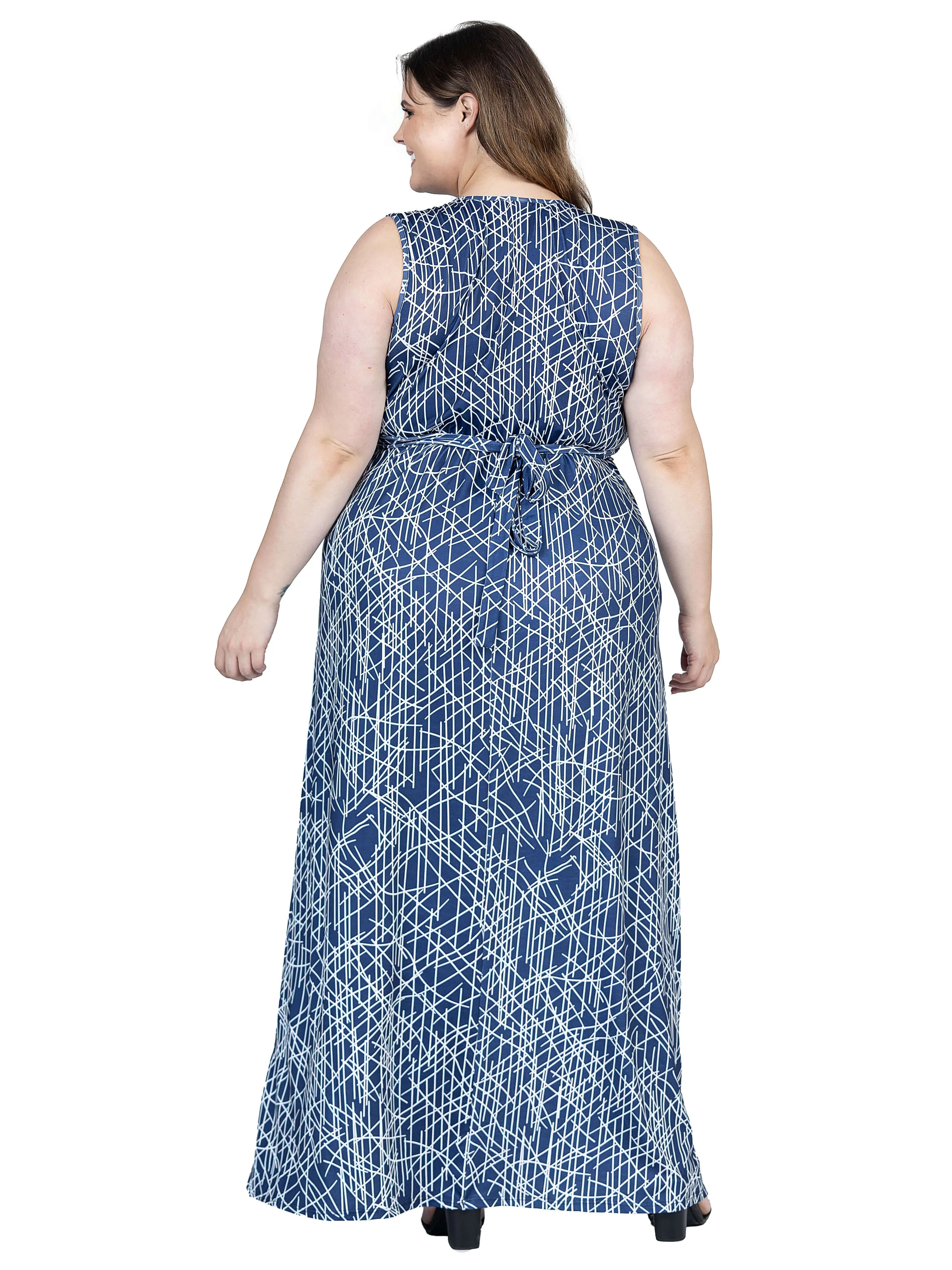 Plus Size Navy Abstract  Print V Neck Empire Waist Sleeveless Maxi Dress