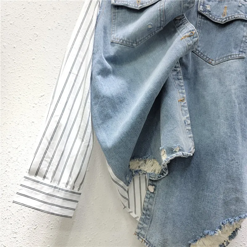 Pre Order:  Denim Patchwork Striped Long Sleeved Shirt