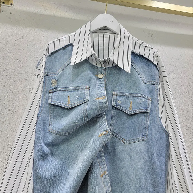 Pre Order:  Denim Patchwork Striped Long Sleeved Shirt