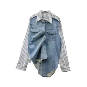 Pre Order:  Denim Patchwork Striped Long Sleeved Shirt