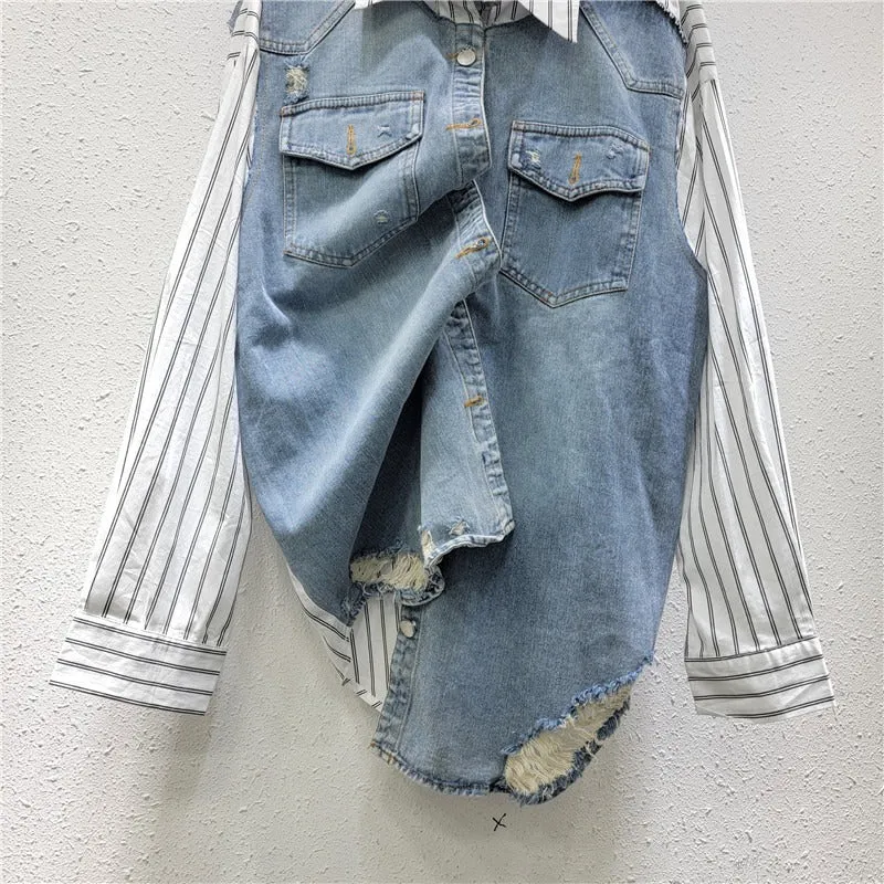 Pre Order:  Denim Patchwork Striped Long Sleeved Shirt