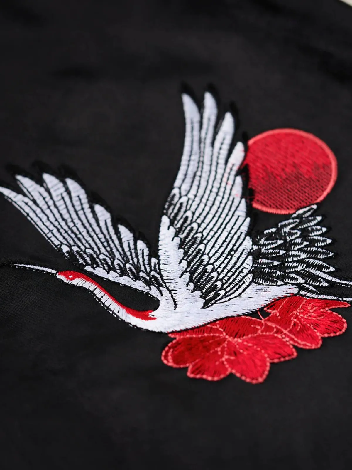 "Flying Crane & Rising Sun" Ukiyo-e Embroidered Sukajan