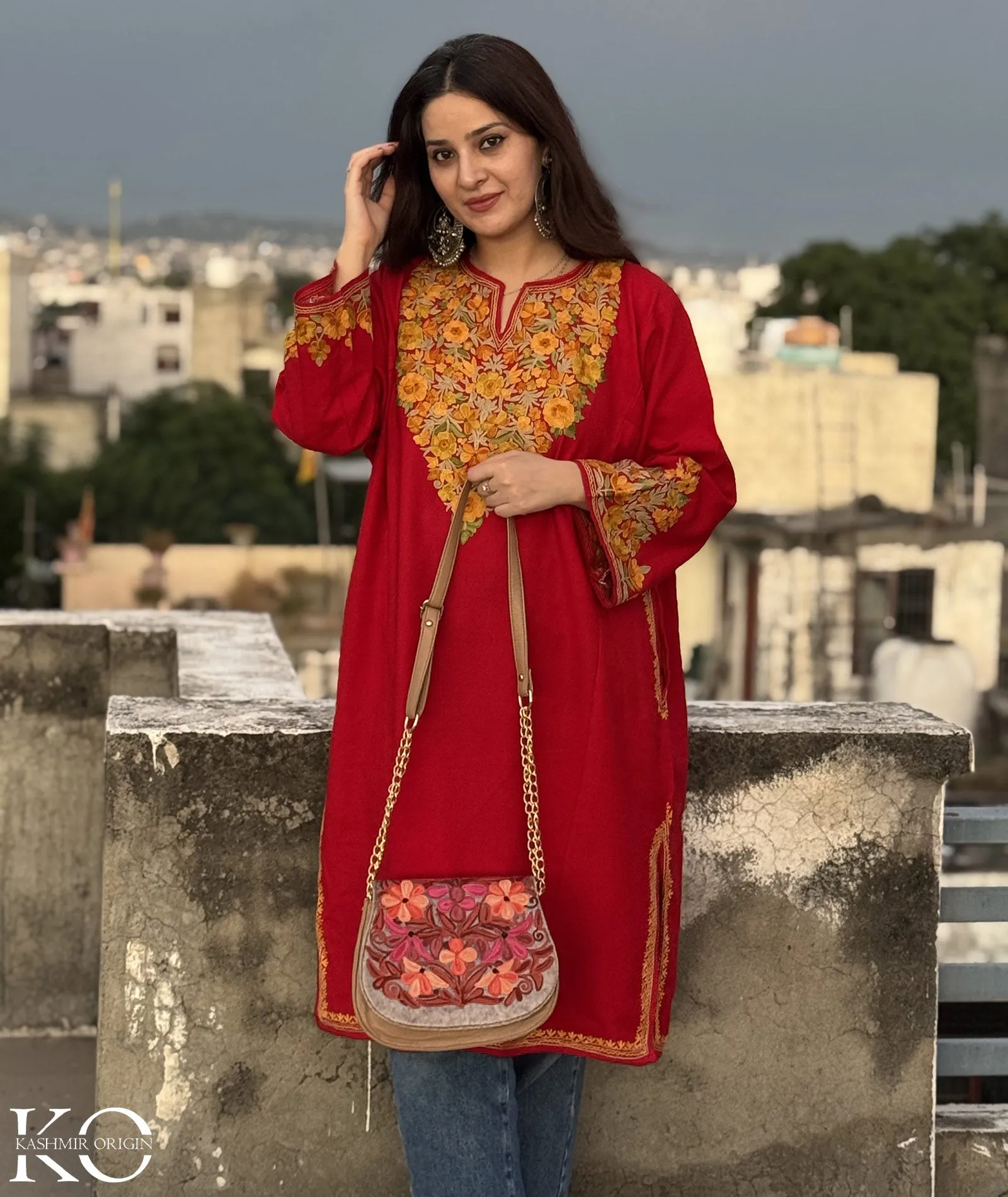 Red Floral Design Aari Embroidered Top Seller Phiran