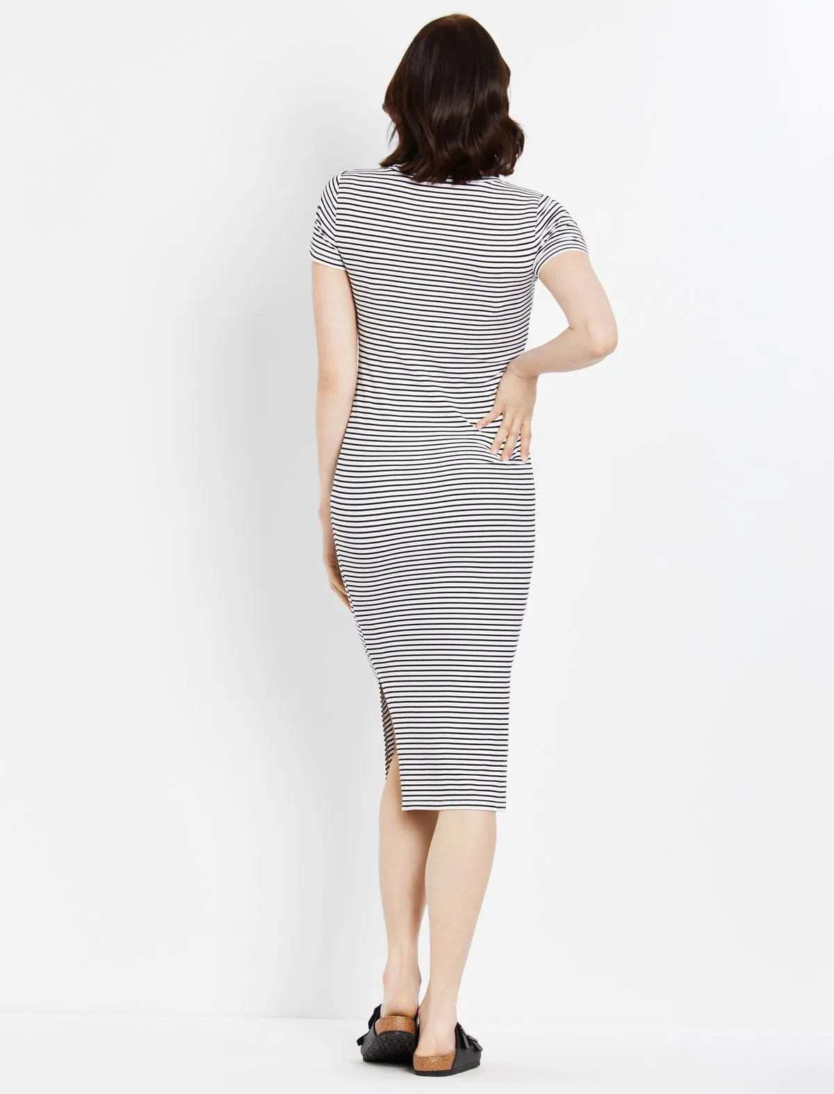 Rib Knit Maternity Dress in Blk/White Stripe