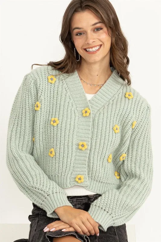 Romantic Winter Floral Cardigan Seafoam