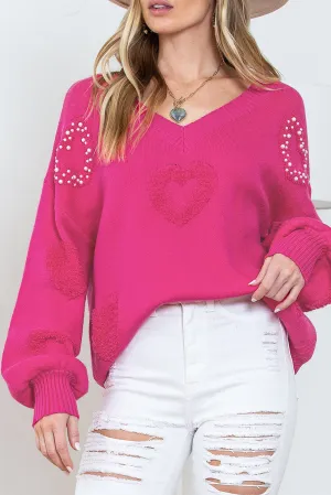 Rosy Heart Pattern Pearl Detail Drop Sleeve Knit Sweater