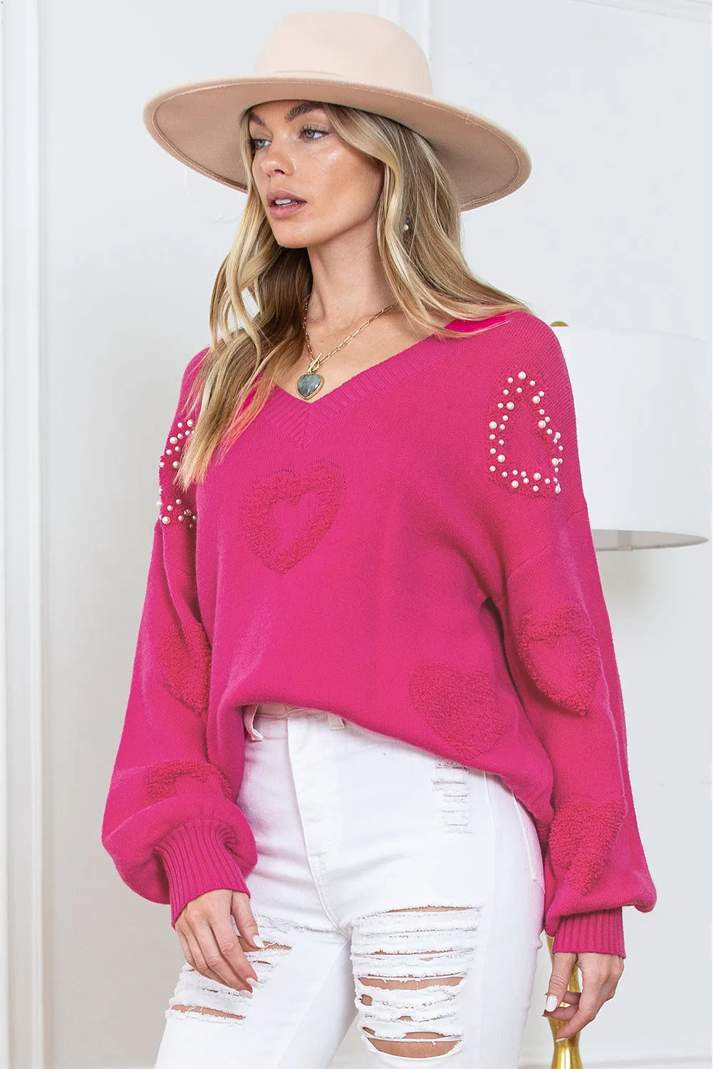 Rosy Heart Pattern Pearl Detail Drop Sleeve Knit Sweater