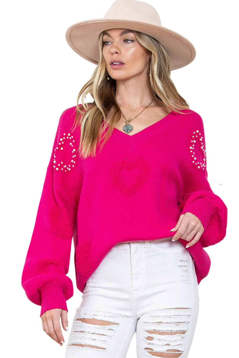 Rosy Heart Pattern Pearl Detail Drop Sleeve Knit Sweater