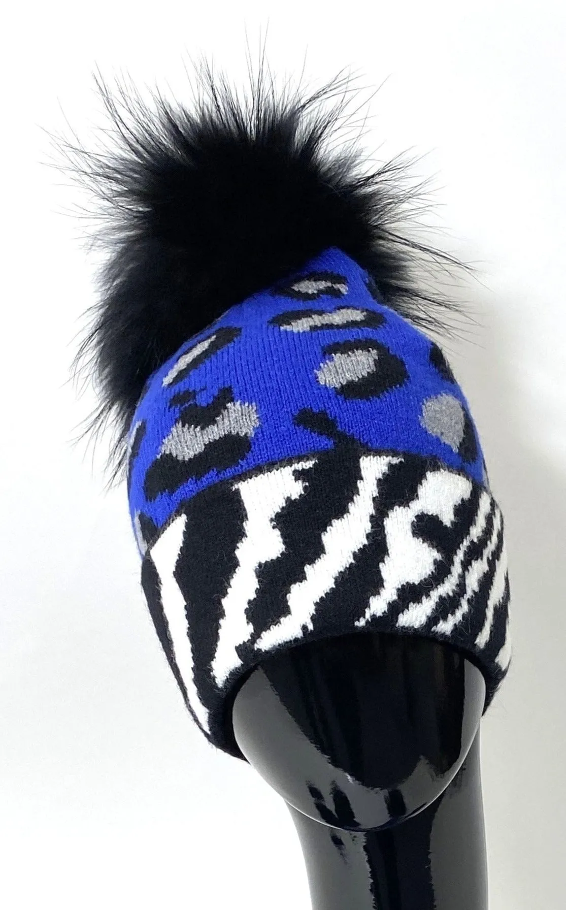 ROYAL BLUE LEOPARD PRINT FUR POM POM HAT