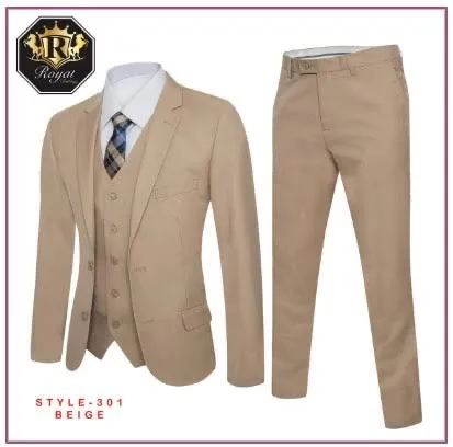 Royal Suit Beige Men's Slim-Fit 3pieces Suit with Vest