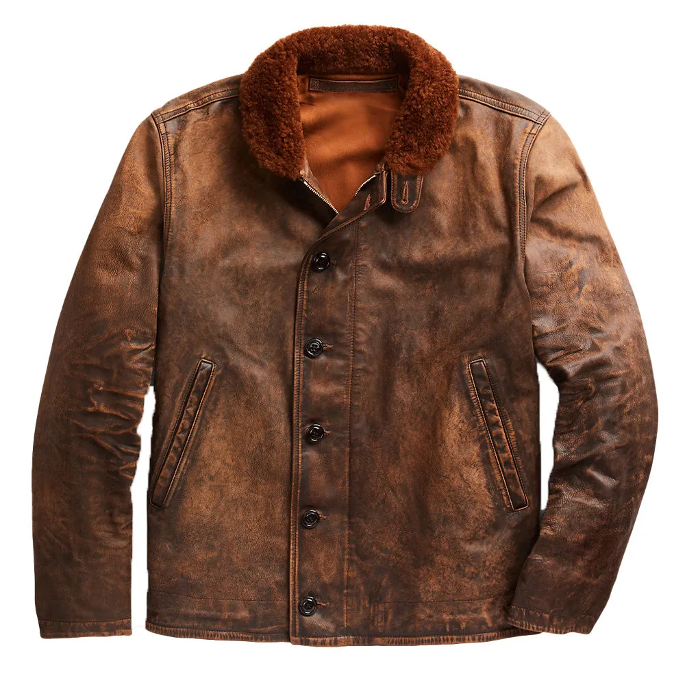 RRL by Ralph Lauren Shearling-Collar Leather Deck Jacket Brown