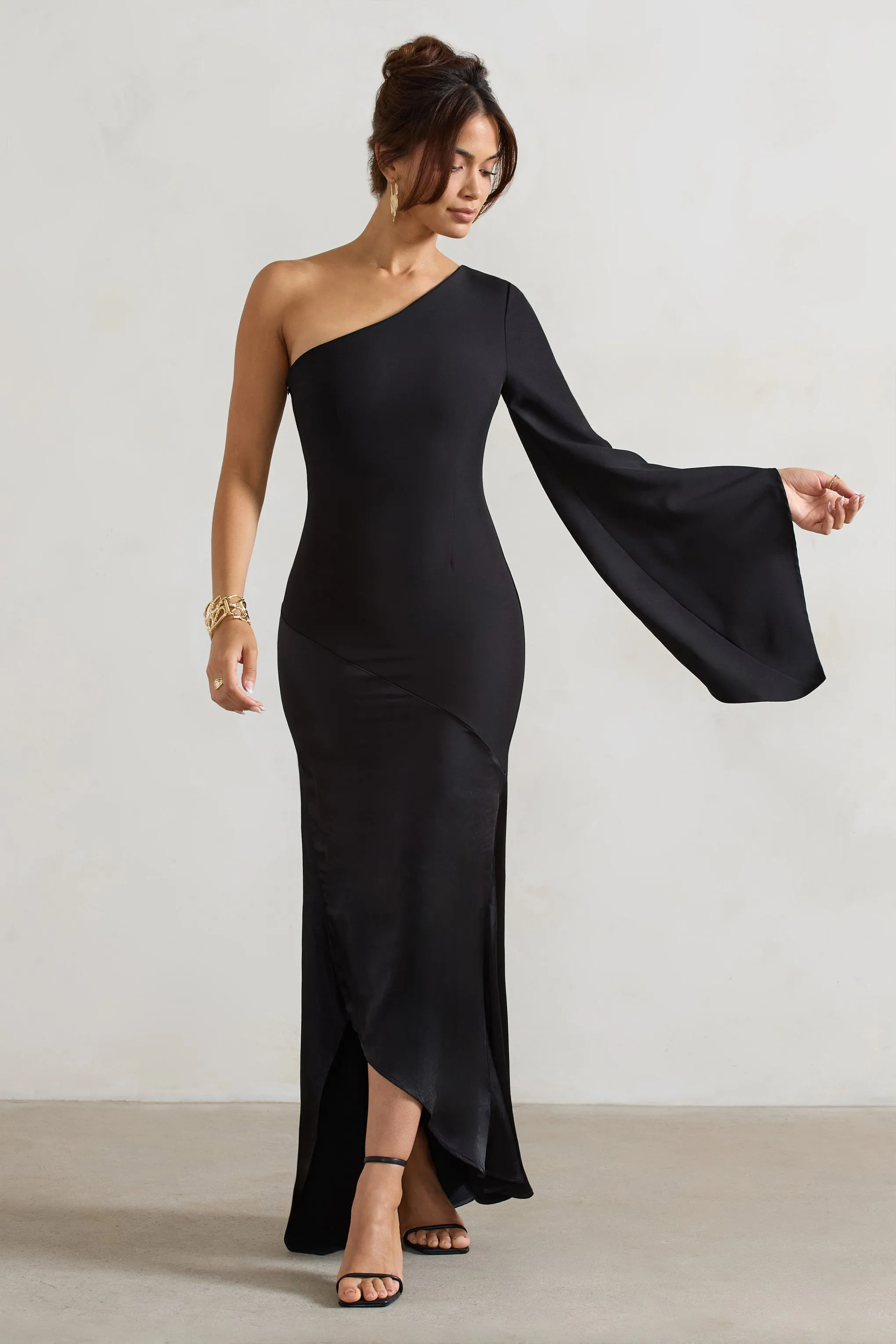 Salem | Black Asymmetric Cape-Sleeve Maxi Dress With Satin Skirt