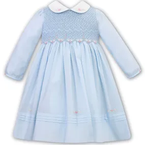 SARAH LOUISE -  Smocked Peter Pan Collar With Flower Detail Dress - Blue