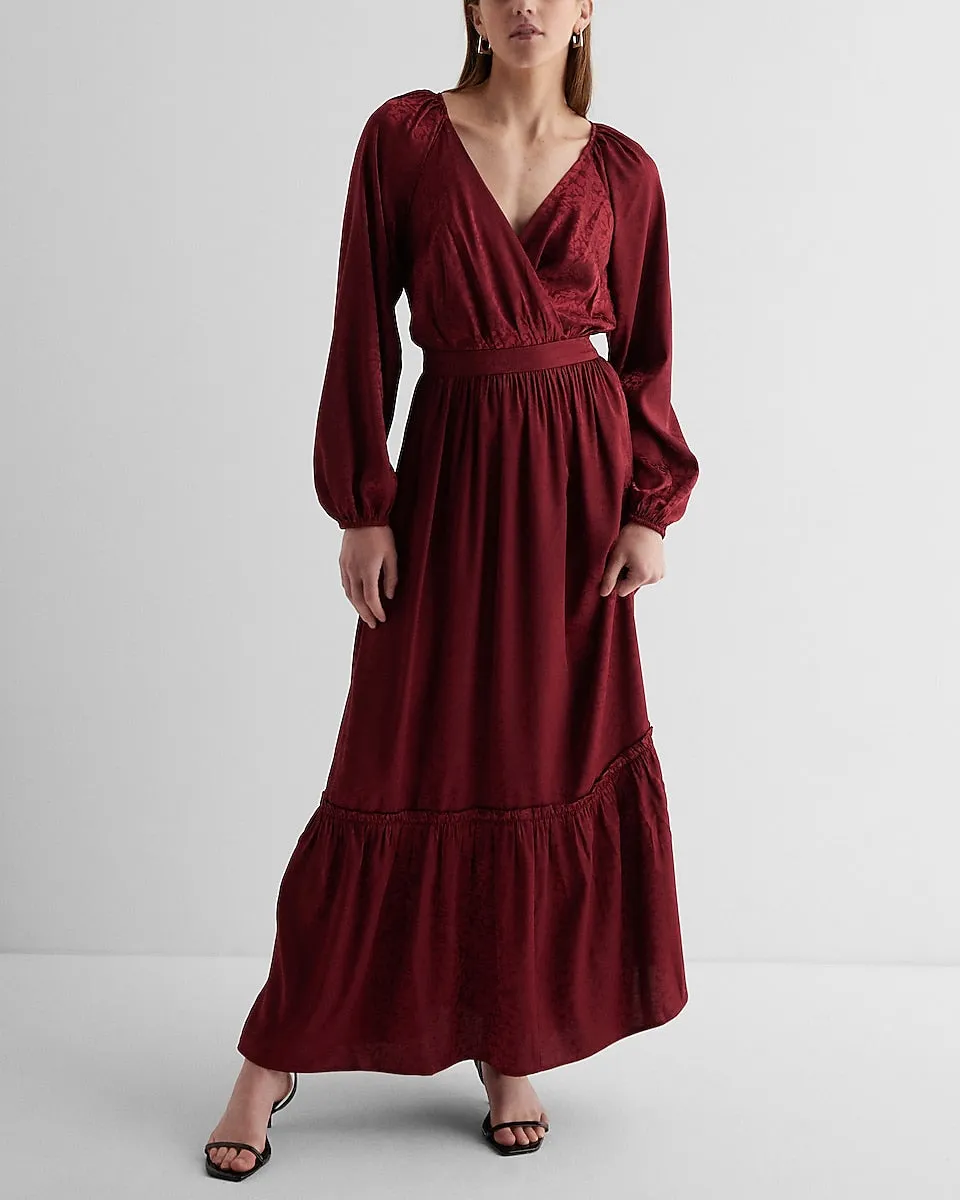 Satin Floral Jacquard V-Neck Tiered Maxi Dress in Berry Bon Bon