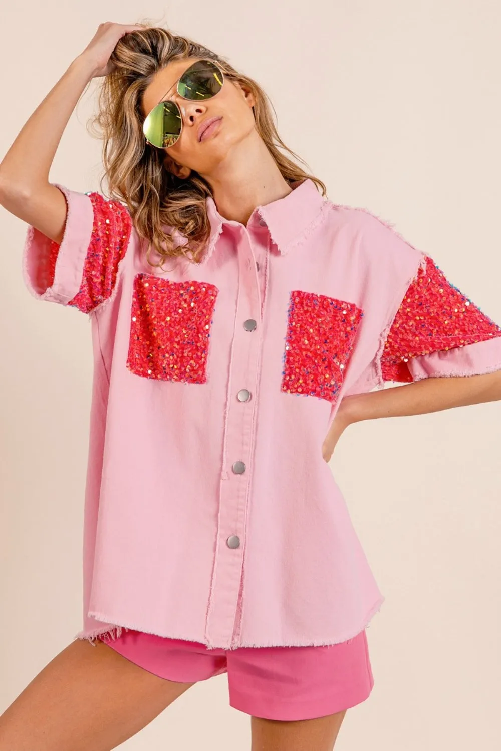 Sequin Detail Raw Hem Short Sleeve Shirt