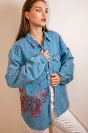 Shirt, Denim Shirred, Butterfly