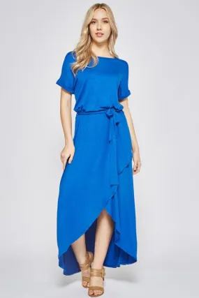 Short Sleeve Belted High Low Dress - Royal Blue