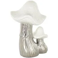 Silver Ceramic Mushroom Sculpture with White Tops and Textured Grooves  - 7" X 6" X 10"