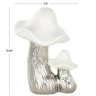 Silver Ceramic Mushroom Sculpture with White Tops and Textured Grooves  - 7" X 6" X 10"