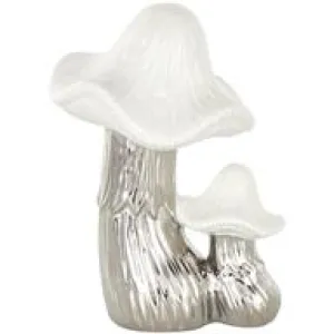 Silver Ceramic Mushroom Sculpture with White Tops and Textured Grooves  - 7" X 6" X 10"