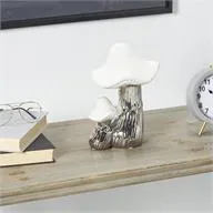 Silver Ceramic Mushroom Sculpture with White Tops and Textured Grooves  - 7" X 6" X 10"