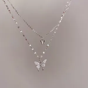 Silver glitter crystal butterfly double necklace ladies simple design crystal elegant wedding jewelry gift