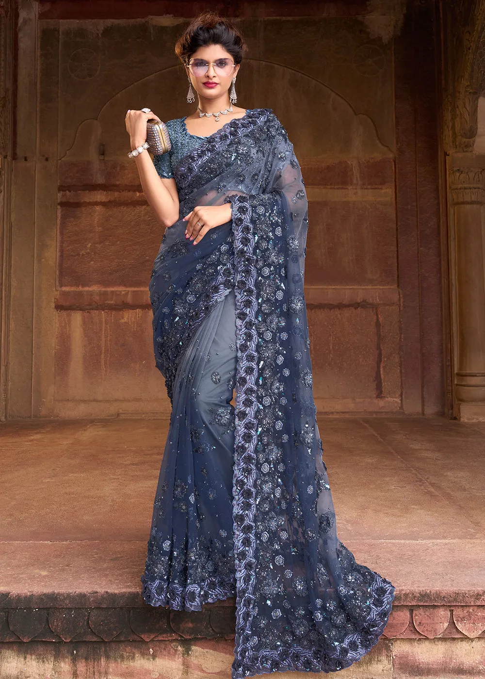 Stunning Grey Applique Net Designer Bridal Party Wear Saree