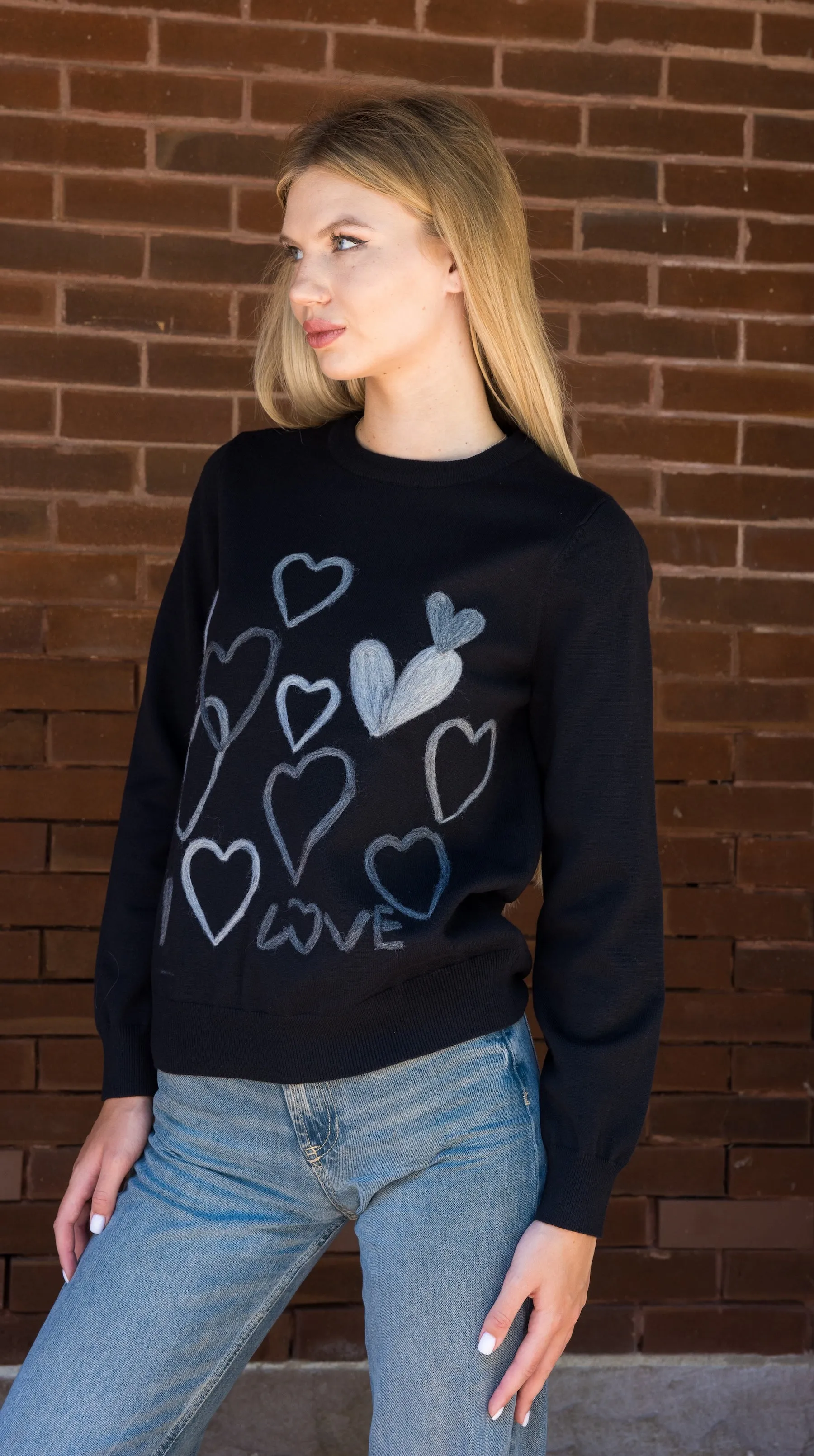 Sweater, Embroidered Hearts, Black & Gray