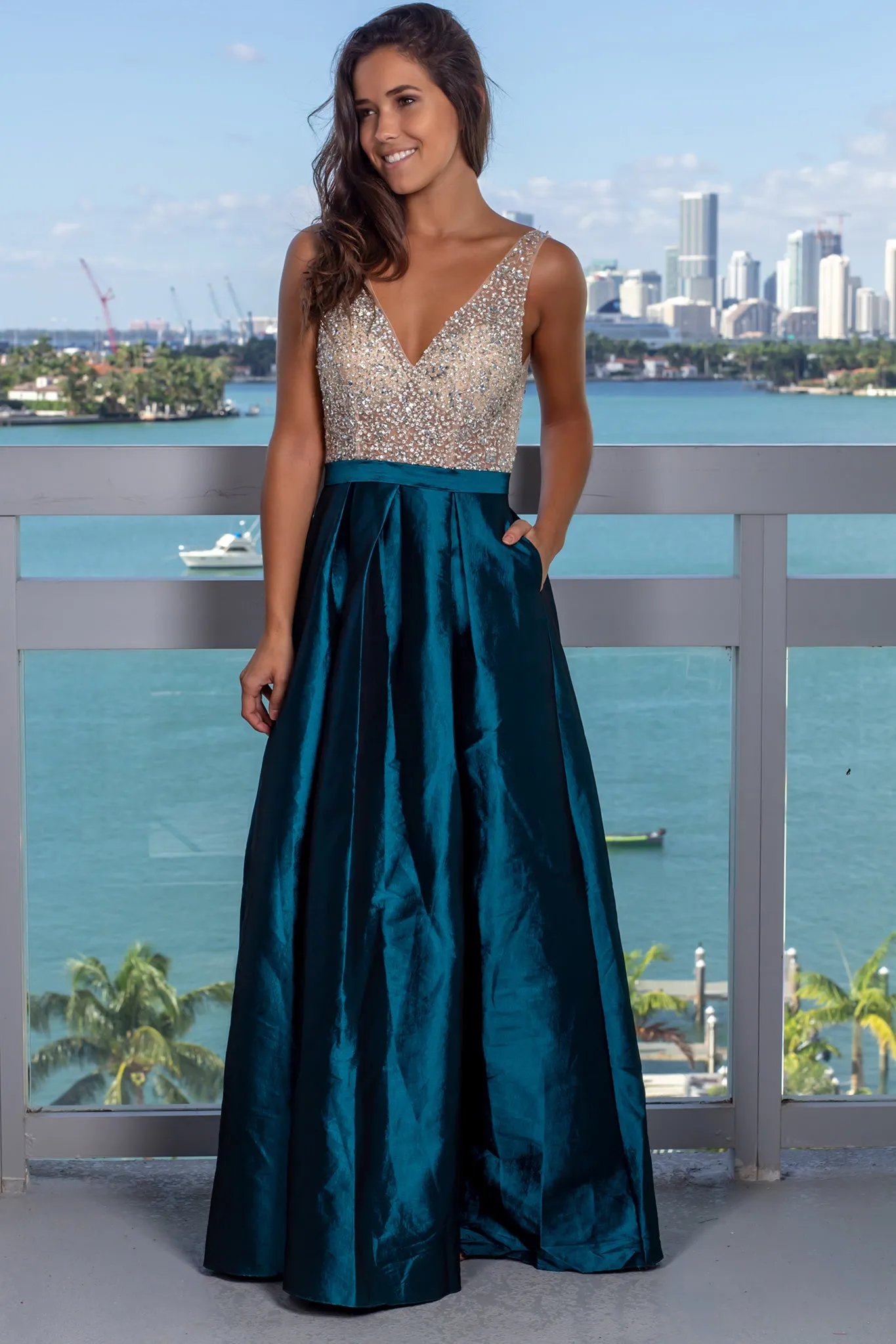 Teal Jeweled Maxi Dress