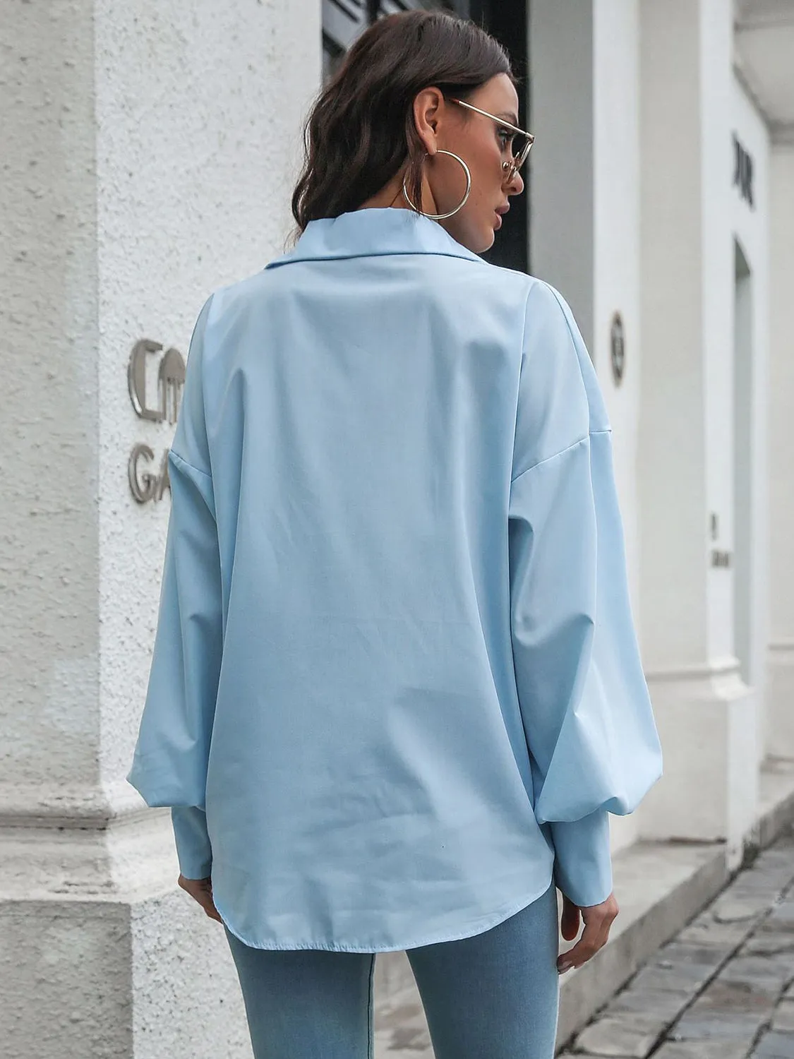 TEEK - Button Up Dropped Shoulder Lantern Sleeve Shirt