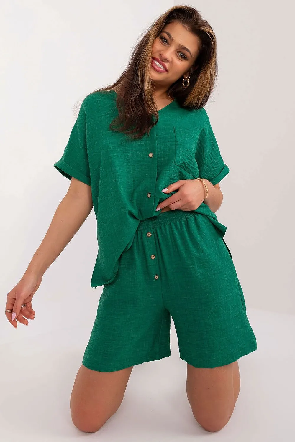 TEEK - Button Up Shirt Pocketed Shorts Set