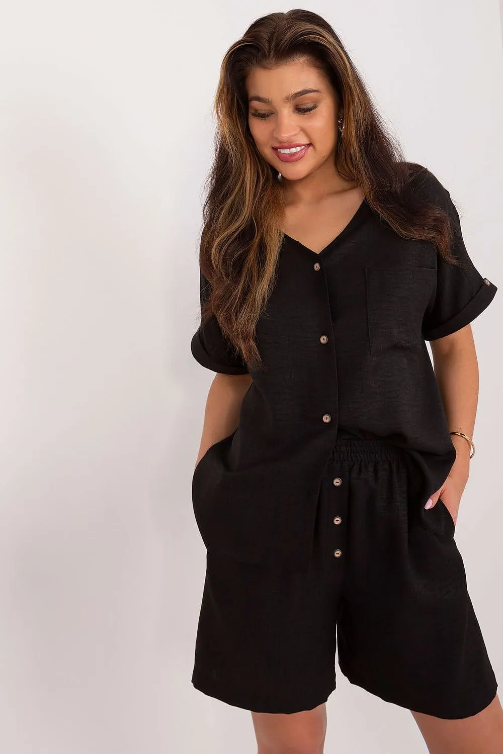 TEEK - Button Up Shirt Pocketed Shorts Set