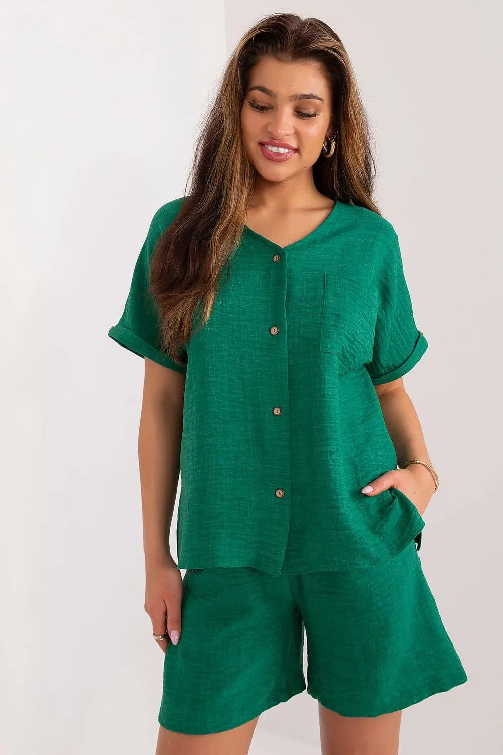 TEEK - Button Up Shirt Pocketed Shorts Set