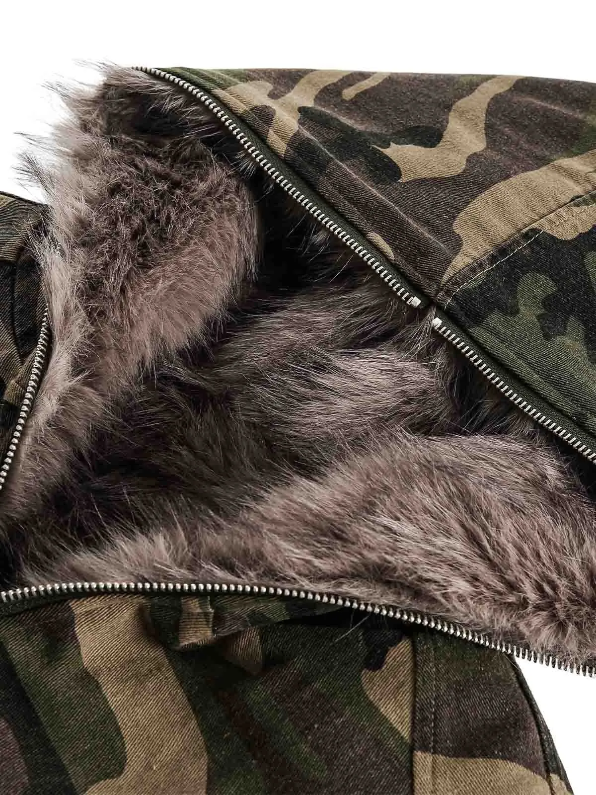 Thesupermade Camouflage Fur Collar Hooded Quilted Jacket