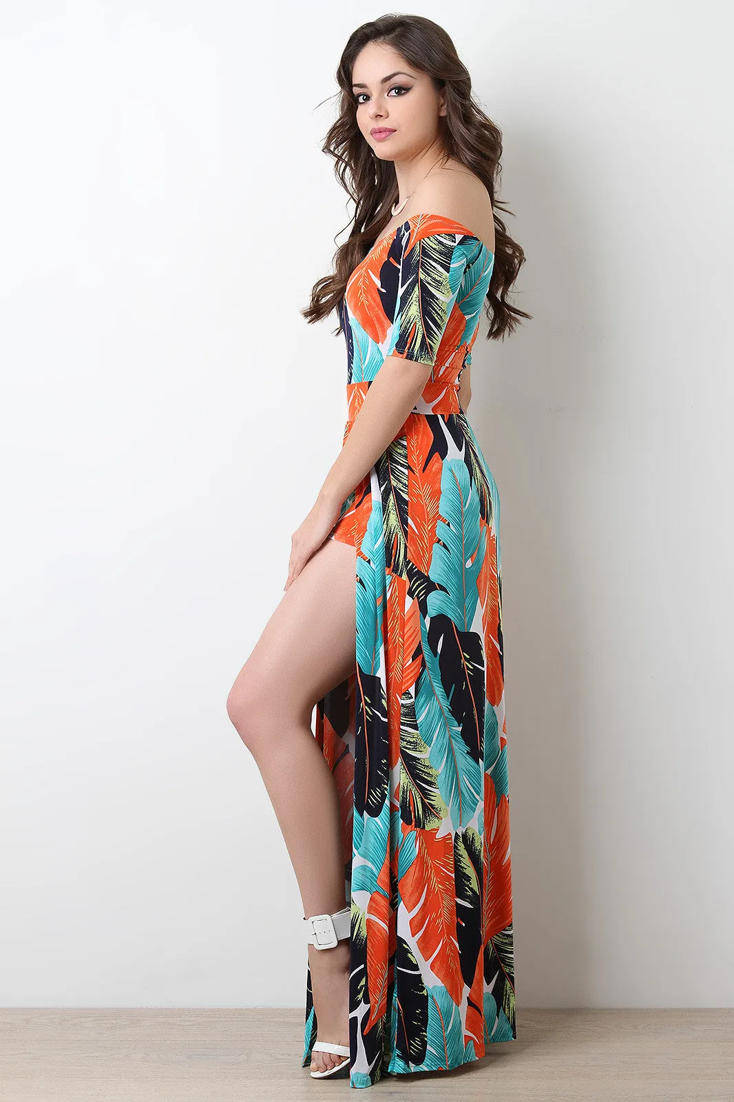 Tropical Leaf Romper Maxi Dress