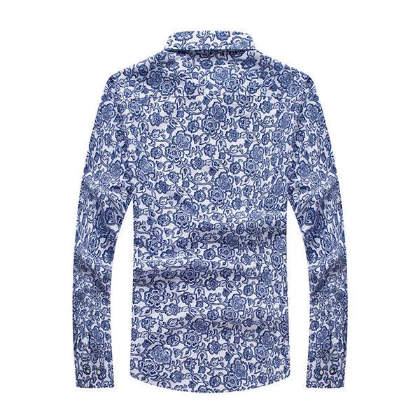 Turn down Collar Long Sleeve Slim Fit Casual Shirts Mens Spring Fall Blue White Floral Printing