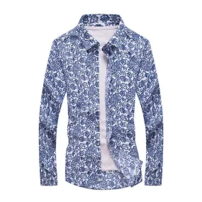 Turn down Collar Long Sleeve Slim Fit Casual Shirts Mens Spring Fall Blue White Floral Printing