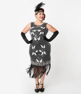 Unique Vintage Plus Size Deco Black & White Beaded Fortunee Fringe Flapper Dress