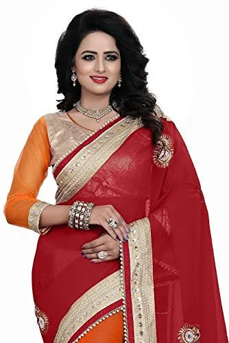 Vatsla Enterprise Women'S Georgette With Blouse Piece( Orngkldp, Orange And Red ,Free Size)