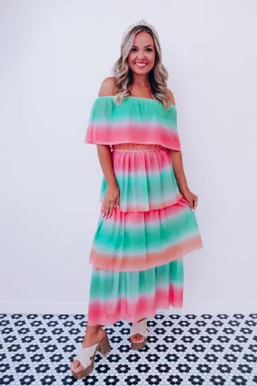 Vibrant Off Shoulder Mesh Maxi Dress - Green-Peach